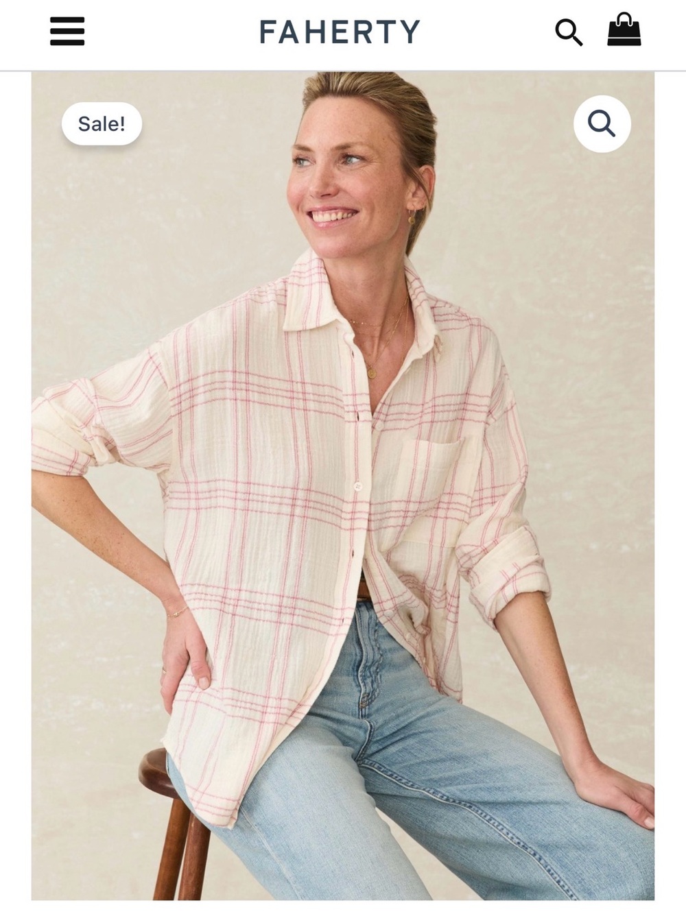 Faherty Cream Button-Down Shirt with Pink Plaid